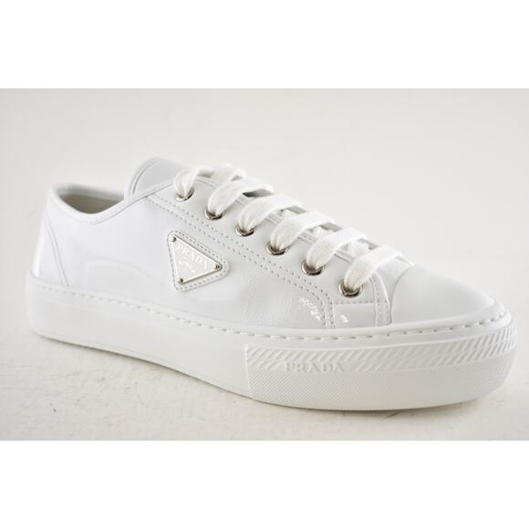 Prada Smash Naplak White Patent Logo Lace Up Flat Low Top Trainer Sneaker 38.5 - Picture 7 of 16
